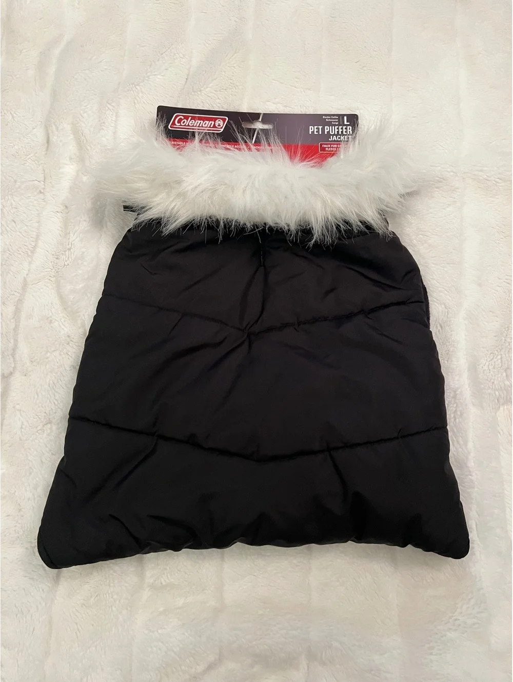 NEW Coleman Large Pet Puffer Black Jacket  Faux Collar Adjustable